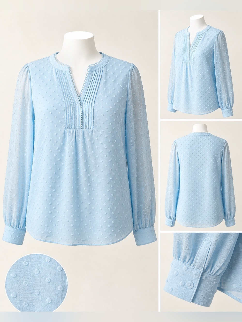 CeCe Blue Pearl Swiss Dot Blouse Size M NWT Sheer Pintuck Boho Top